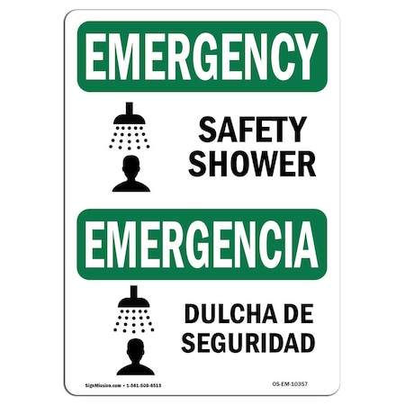 Signmission Safety Sign, OSHA EMERGENCY, 7" Height, Aluminum, Safety Shower With Symbol Bilingual, Landscape OS-EM-A-710-L-10357